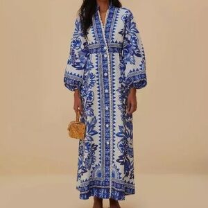 NW AUTH FARM RIO Off-White Blue Flora Tapestry Maxi Dress SZ MEDIUM M